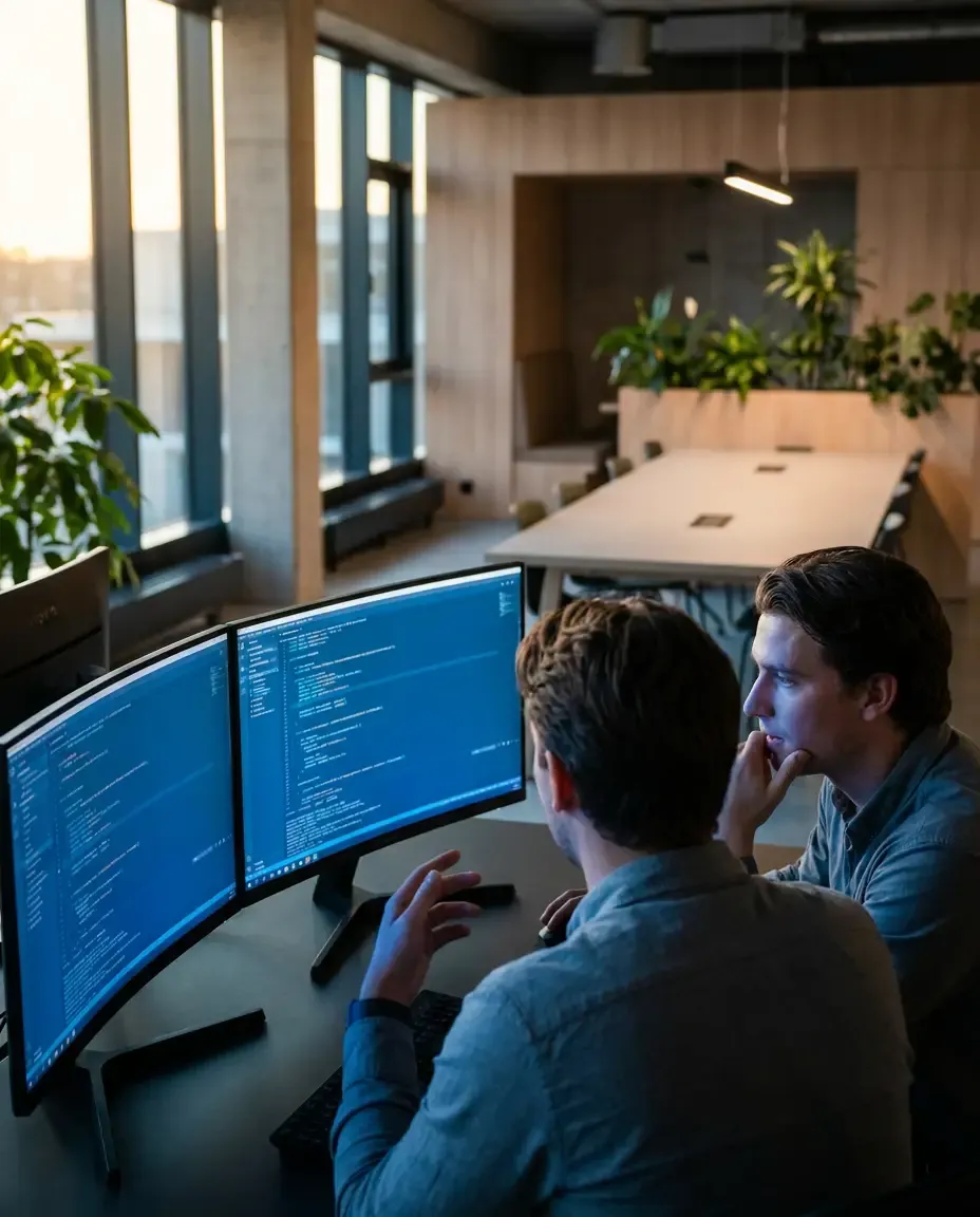 Zwei IT-Profis von BYT IT bei der Arbeit an Monitoren in einem hellen Schweizer Büro